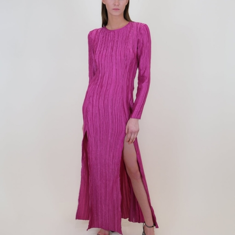 New Pleated Double Slit Long Sleeve Dress